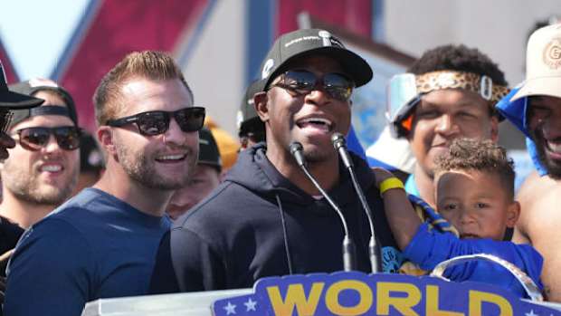 Feb 16, 2022; Los Angeles, CA, USA; Los Angeles Rams coach Sean McVay (left) and defensive coordinator Raheem Morris react during Super Bowl LVI championship rally at the Los Angeles Memorial Coliseum.